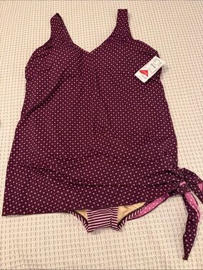 Lands End Dark Wine/stripe one piece with Side Tie Size 16W NWT